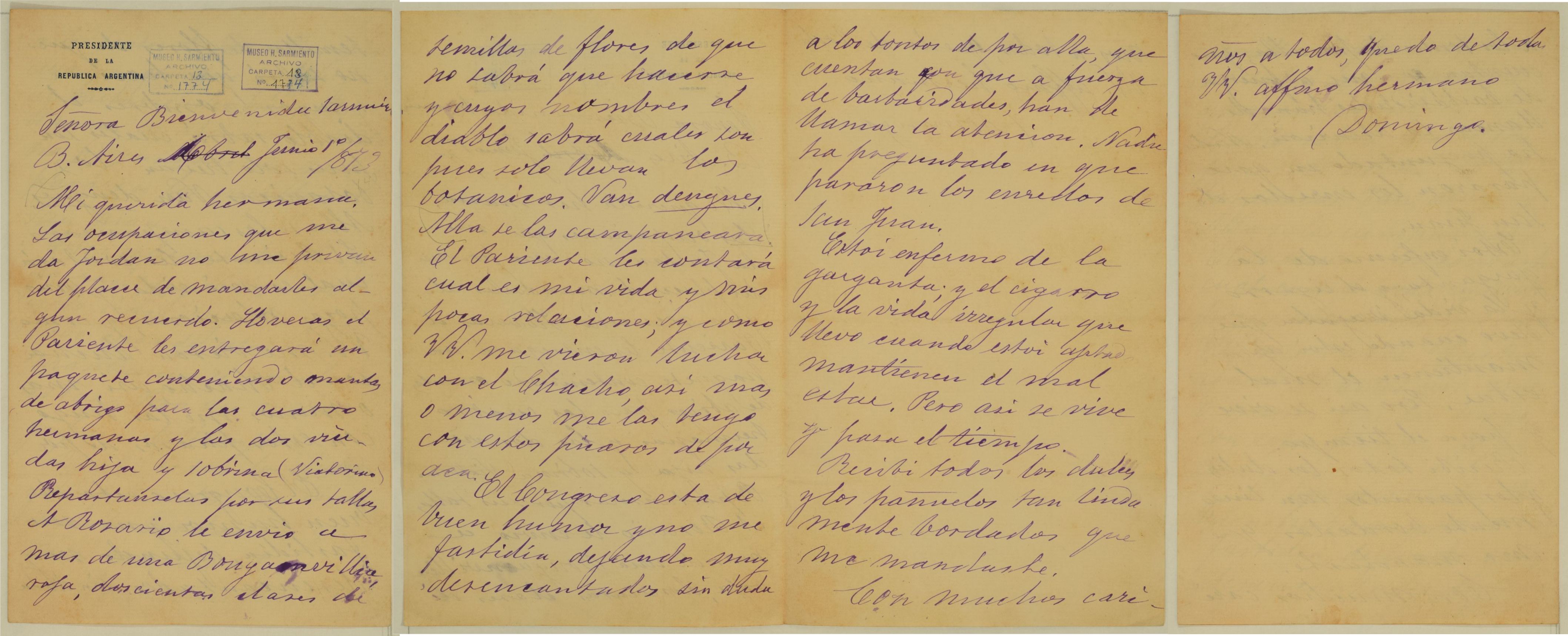 Carta a Bienvenida Sarmiento (01/06/1873)