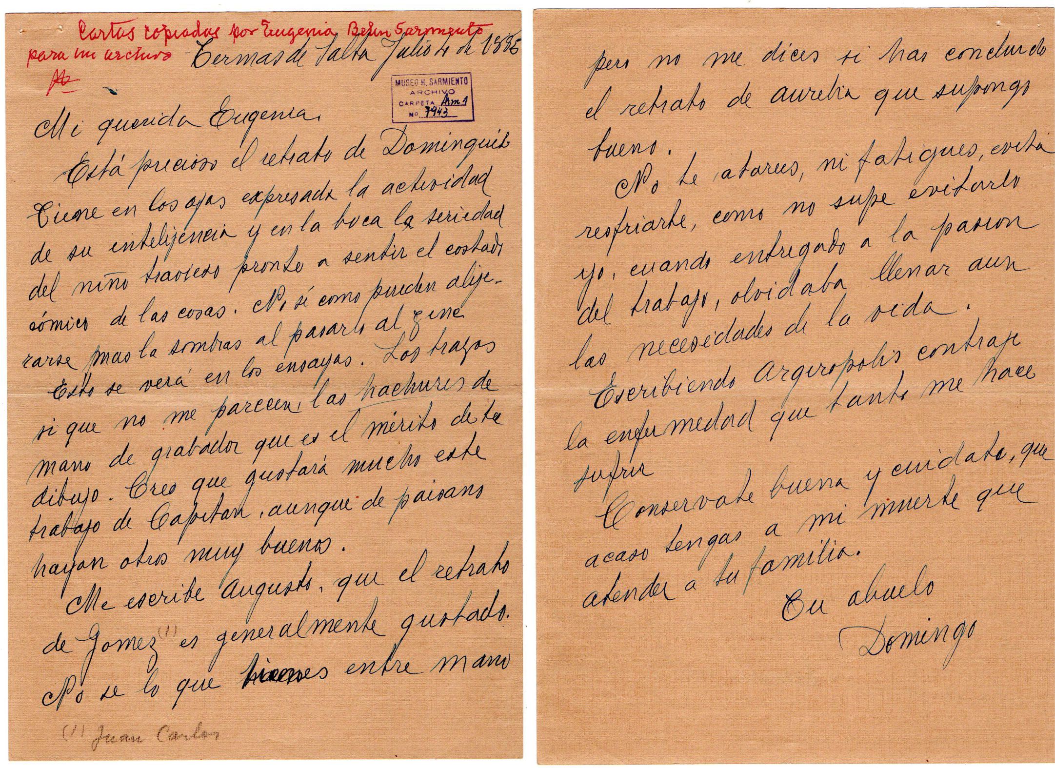 Carta a Eugenia Belín (4/07/1886)